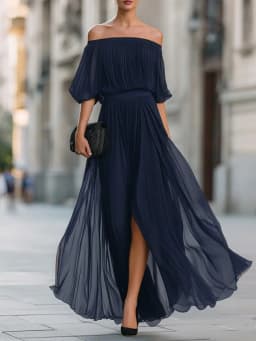 Elegant Women's Long Dress Off-the-shoulder Chiffon Evening Dress Sexy Ruched Slit Flowing Skirt Fashionable Party Holiday Dress