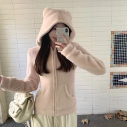 Cute Bear Ear Hooded Warm Plush Jacket for Women Autumn Winter Slim Fit Thick Outerwear Woman Casual Solid Zipper Sweatshirt