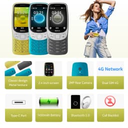 Nokia 3210 4G Feature Phone Bluetooth 5.0 FM Radio Dual SIM 2.4" Type-C Port 1450mAh Bettery Push-button Mobile Phone New