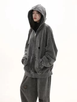 Autumn Winter Ripped Hole Punk Vintage Zip Up Hoodies Man Woman High Street Washed Distressed Sweatshirt Sudaderas
