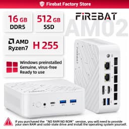 FIREBAT AM02 AMD Ryzen7 H 255 Mini PC 16GB DDR5 RAM 512GB SSD WIFI6 BT5.2 4A1C Dual RJ45 3*4K Display Compact Gaming Computer