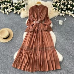 Chic Lace Slim Stand Collar Long Sleeve Spliced Single Breasted Dress High Street Vintage Evening Women Autumn Winter Clothing