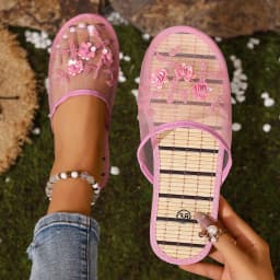 Mesh Breathable Embroidered Sequin Flower Mules Shoes Summer Comfort Soft Bottom Sandals Women Chinese Style Bamboo Sole Sandals