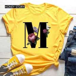 Large Size Yellow T-shirt for Men And Women with Black Fashion Trend Print of Flowers 26 English Letters Casual Short Sleeve Top