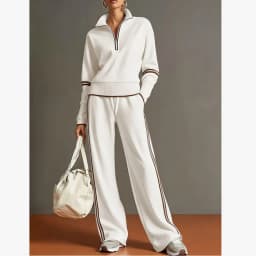 Women Quarter Zip Sweatshirt Wide Leg Pants Set Striped Trim Casual Loungewear 2 Piece Outfit for Everyday Wear and Relaxed Days
