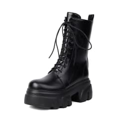 REAVE CAT 8cm Heel 5.5cm Platform Mortorcycle Boots Midcalf Autumn Strap Up Antislip Shoes Big Size 41 42 43 44