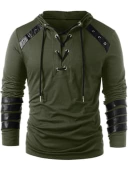 Men's Knight Drawstring Lace Up Pullover Hoodie Steampunk Long Sleeve Hooded Sweatshirt Black, Gothic Victorian Style
