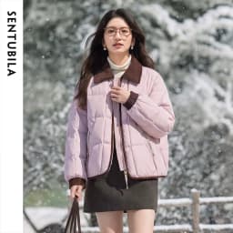 SENTUBILA 90% White Duck Down Jacket Women's 2026 Color Contrast Lapel Zip Pocket Coat Winter Loose Warm Outerwear W64YC7611