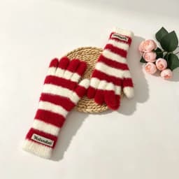 Striped Knitted Korean Style Plush Touchscreen Gloves Warm Soft Fingerless Mittens for Men and Women Outdoor Ski Riding Gloves