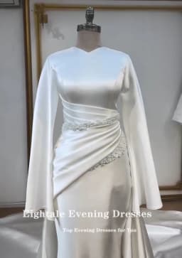 Eightale Arabic Wedding Dress V-Neck Customized White Ivory Mermaid Long Sleeves Beaded Muslim Satin Bridal Gown Robe De Mariée
