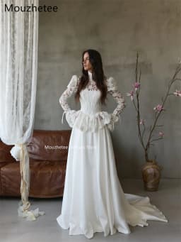 Mouzhetee A-Line Elegant O-Neck Lace Pleat Wedding Dresses Simple Long Sleeve Brides Gown Custom Made 2026