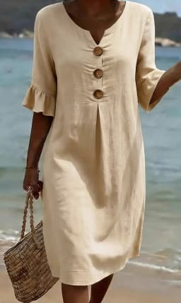 V-neck Button Solid Color Casual New Beach Vacation Style Versatile Dress For Women's A-line Lace Short Sleeved Patchwork Skirt