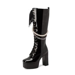 Shiny Patent Leather Super Platform Chunky Heel Metal Chain Pearl String Motorcycle Boots Cross Lace Up Side Zip Punk Knee Boots