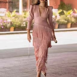 New 2026 French Elegant Deep V Neck Prom Dresses for Women Spring Fashion Spliced Tassel Dress Woman Long Sleeve Slim Maxi Dress