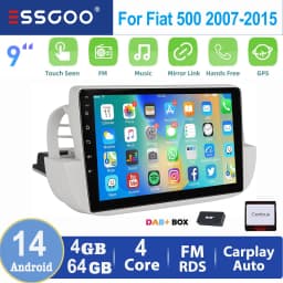ESSGOO 2 DIN For Fiat 500 2007-2015 White 9" Apple Carplay Android auto Car Stereo Radio GPS WIFI SWC BT Mirror Link Android 14
