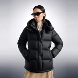 BOSIDENG Women Hooded Short Goose Down Coat 90% Goose Down 700+ Loft Shiny Fabric Adjustable Waist Puff Winter Outerwear