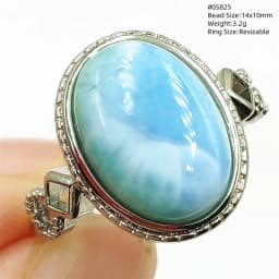 Natural Blue Larimar Adjustable Ring 925 Sterling Silver Larimar Gemstone Women Men Water Pattern AAAAA