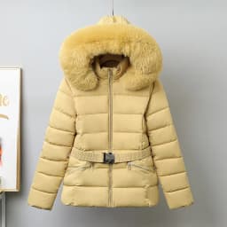 Winter Solid Color Long-sleeved Fur Collar Hooded Short Down Cotton Jacket Women's Slim Winter Thickened Versatile Warm Jacket