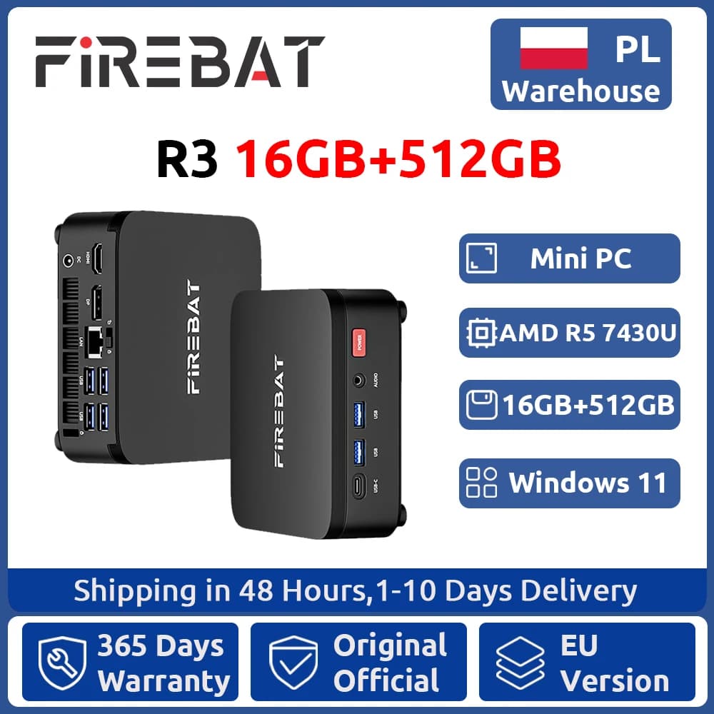 FIREBAT R3 Mini PC New AMD Ryzen 5 7430U 16GB LPDDR4 RAM 512GB SSD Wi-Fi 6 BT5.2 USB 3.0 Window11 Gaming Desktop Mini Computer