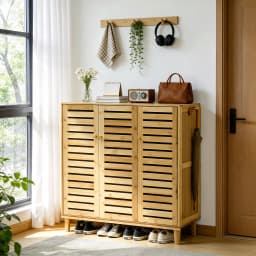 Bamboo Shoe Storage Cabinet with Slatted Doors, 5-Tier Wooden Shoe Organizer Cupboard for Entryway Hallway, Freestanding Large Shoe Rack with Side Hooks & Magnetic Closure