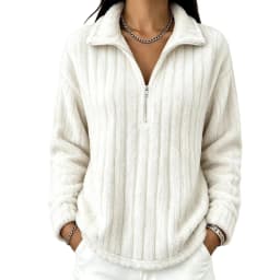 Women's Autumn Winter Turn Collar Ribbed Fleece-lined Warm Zip-up Long-sleeved Sweatshirt