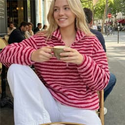 Women's Striped Fleece Jacket Color Block Half Zip Sherpa High Neck Pullover Trendy Oversized Warm Fuzzy Sweatshirt