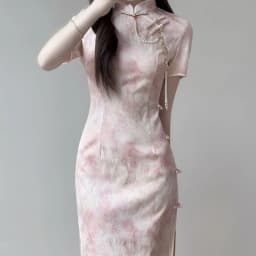 Pink Slim Fit Young Style Chinese New Version Summer Dress Short Sleeve Daily Wear Polyester Fiber Retro Style
