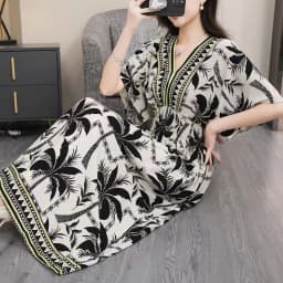 n Long Print Dr V-Ne Slimming Cotton Silk Beachwear Casual High Waist Summer Women's Loose Fit Overhead Dr