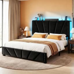 Queen Bed Frame with LED Lights & USB, Noise-Free, Grey | Adjustable Velvet Headboard,Under-Bed Storage,Heavy Duty, Customized