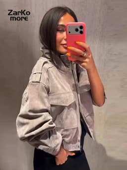 Women's Suede Bomber Jacket Loose Stand Collar Zipper Long Sleeve Elastic Hem Solid Cropped Jackets 2026 Autumn Lady Street Coat