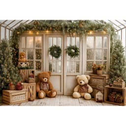 White House With Christmas Tree and Little Bear Photography Backdrop Kids Baby Cake Smash Photocall Studio Backgrounds
