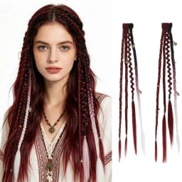 Clip in Braid Hair Extensions for Women, 20" Boho Dreadlock Clip in Braids with Beads & Charms, 2PCS Synthetic Braided Hairpiece