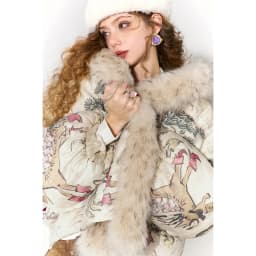 ELFSACK Women Puffer Down Jacket 2026 Winter Pony Print Fur Collar Lantern Sleeve New Oriental Style Casual Outerwear