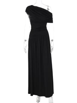 Hugcitar One Shoulder Ruched Sleeveless Solid Pleated Sexy Irregular Y2K Maxi Dress Summer Elegant Party Women Clothes Vacation