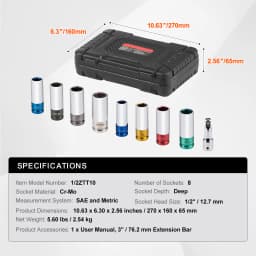 SucceBuy Lug Nut Impact Socket Set1/2in Drive Metric SAE 6-Point Deep Socket Set 8 Total Lug Nut Sizes CR-MO Wheel Socket Set