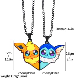 2-piece cute Eevee cartoon pendant necklace with heart patchwork, anime-style metal necklace