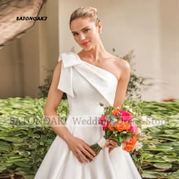 Customized Simple One Shoulder Satin Wedding Dress for Bride Backless A-line Princess Bridal Gown with Pockets Vestidos De Novia