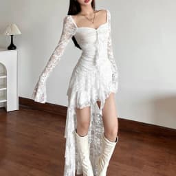 Goth Dark Fairycore Lace Flare Sleeve Square Neck A-line Dress Sweet E-girl Irregular Long Hem Dresses Cyber Y2K Party Vestido