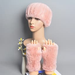 One Set Women Real Rex Rabbit Fur Cuff+Headband Winter Warmer Hat Arm Wrist Sleeve Gloves Female Real Fur Cap+Elastic Wristband
