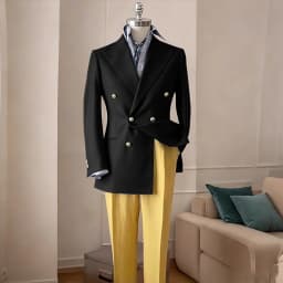 Timeless Men's Navy Blue Double Breasted Suit Summer Breathable Casual 2Piece Set Jacket+Yellow Linen Pants Wedding Groom Attir