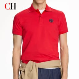 CH Red Accent Circular Rubber Patch Left Chest Premium Pique Short Sleeve Polo Shirt Men Sleek Minimalist Modern Casual Tops