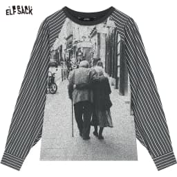 ELFSACK Fitted Graphic Long Sleeve Tee Women, Raglan Striped Sleeve All-Over Print T-Shirt, Retro Y2K Streetwear Top