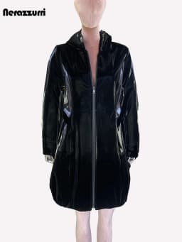 Nerazzurri Spring Fitted Waterproof Shiny Reflective Black Patent Faux Leather Jacket Women with Hood Zipper Red Autumn Clothes