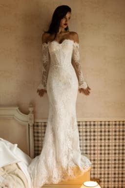 Kyoto Customized Ivory Off the Shoulder Gorgeous Lace Wedding Dress Lace-Up Sweep Train vestidos de noche Mermaid robe de mariée