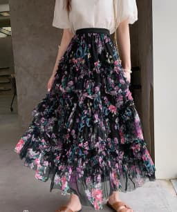 New In Flower Print Irregular Mesh Floral Mesh Long Skirt Women 2025 Spring French Elegant Style A-line Tulle Skirts