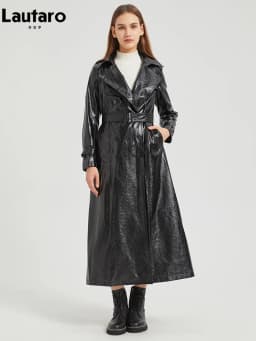 Lautaro Spring Autumn Extra Long Gold Shiny Pu Leather Trench Coat for Women Sashes Double Breasted Luxury Europe Fashion 2024