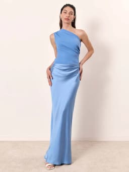Elegant One-Shoulder Patchwork Satin Maxi Dress Women Sleeveless Ruched Slim Long Dresses 2026 Wedding Guest Evening Party Robes