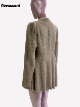 Nerazzurri Autumn Winter Elegant Luxury Chic Short Fitted Faux Fur Blazer Women Single Button Puff Sleeve Fluffy Jacket 2024