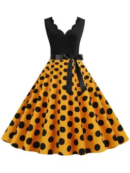 Polka Dot Print Women Summer Dress Black Patchwork Sleeveless V Neck Elegant Vintage Party Casual Midi Dress
