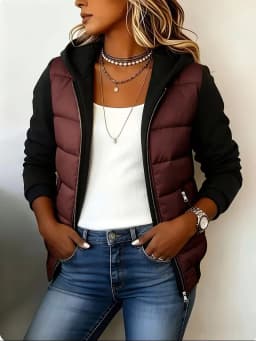 Women's Color Block Hooded Puffer Jacket -Quilted Zip Up Coat with Contrast Sweatshirt Sleeves, Casual Lightweight Winter Outer
